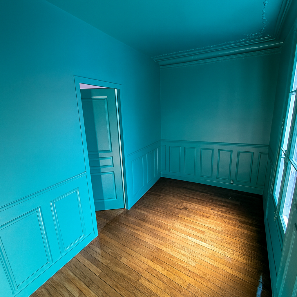 Bureau de psy rénové dans une maison de style château à Enghien-les-Bains – boiseries et murs peints dans une teinte bleu turquoise par MAKRENO