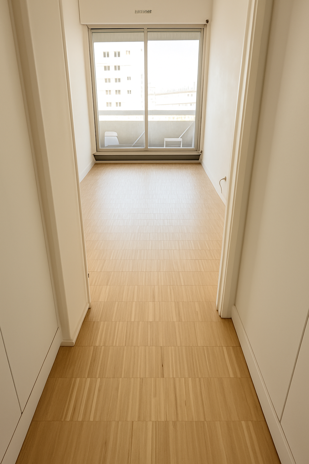 Chambre rénovée à Paris avec parquet sur chant et grande baie vitrée – rénovation intérieure MAKRENO