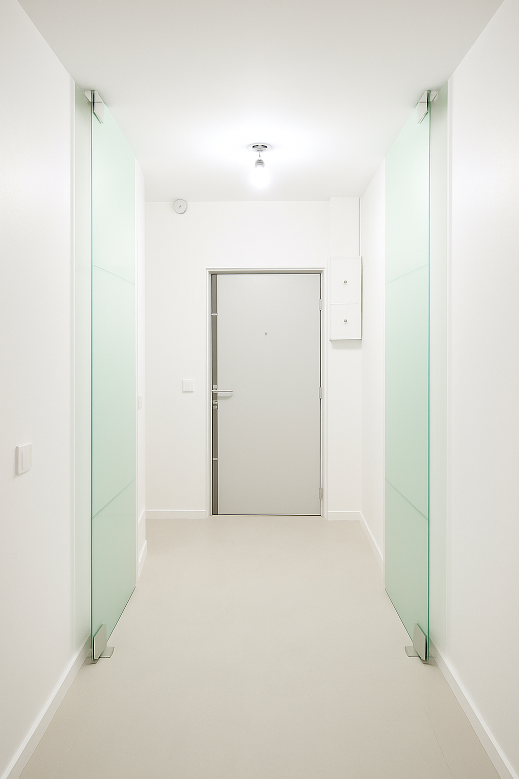 Entrée rénovée à Paris avec verrières en verre dépoli et murs blancs – rénovation intérieure MAKRENO