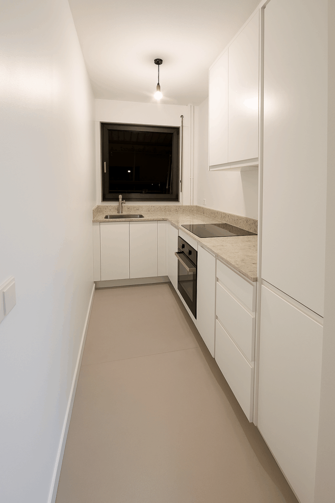 Cuisine rénovée à Paris avec façades bleu ciel et plan de travail effet marbre – projet de rénovation intérieure MAKRENO