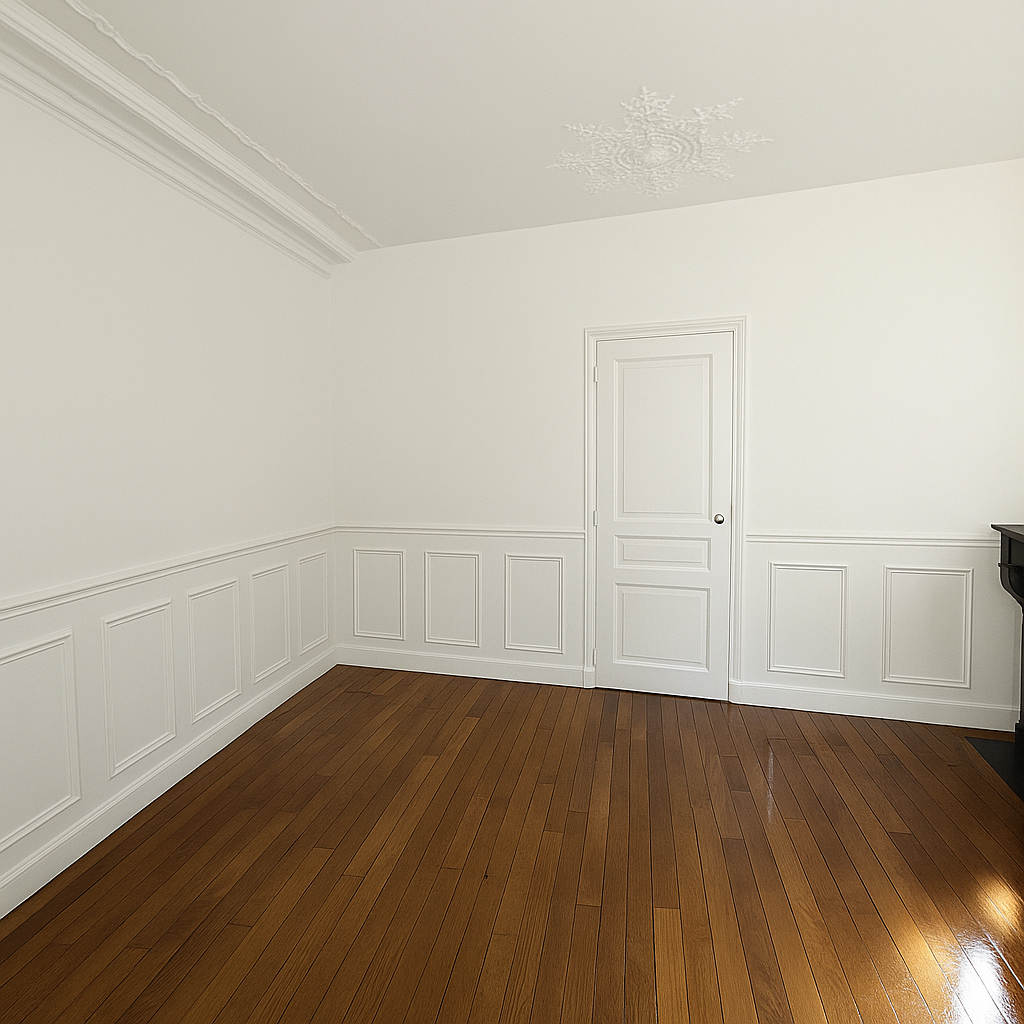 Salle à manger rénovée d’une maison de style château à Enghien-les-Bains – murs, boiseries et plafond restaurés et repeints en blanc par MAKRENO